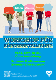 Plakat, das zur Teilnahme am Workshop aufruft. Datum: 19.07.; ohne Anmeldung; Scheune des Theodor-Zink-Museums